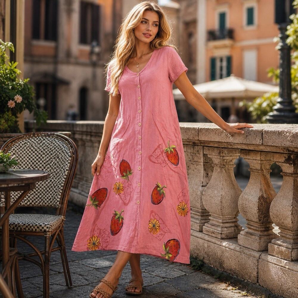 Blue Fish Barclay Women 1 Pink Strawberry Dress Hand Painted